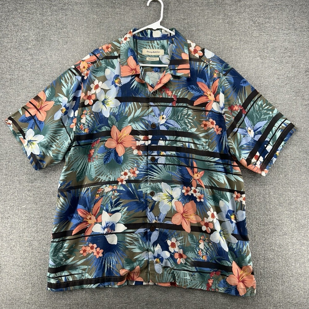 Tommy Bahama Islandzone Hawaiian Shirt Men Size XL Blue Short Sleeve Floral Silk